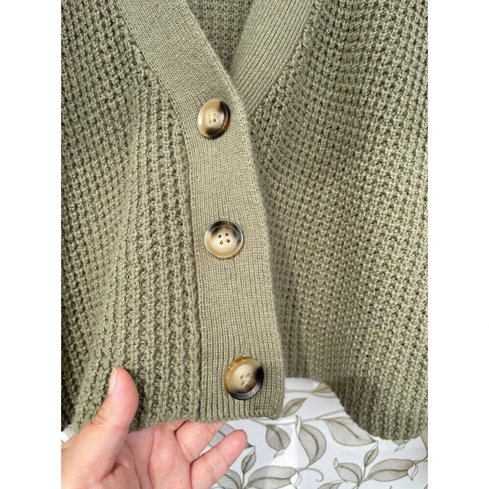 Eberjey Sage Green Waffle Knit Cardigan | Recycled Cotton Chunky Sweater M